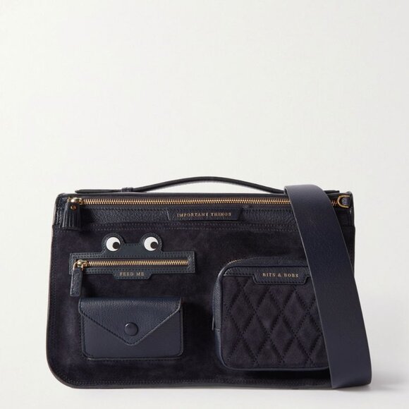 Anya Hindmarch Multi-Pocket Satchel Shoulder Bag – Navy Suede with Frog Eyes 👀 - Picture 4 of 12